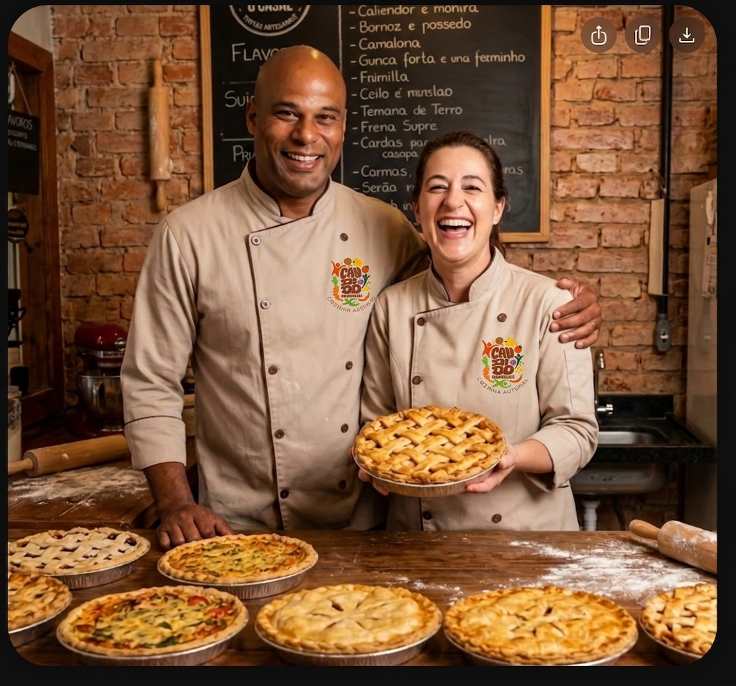 João Candido e Camila Angeleli segurando massas de torta